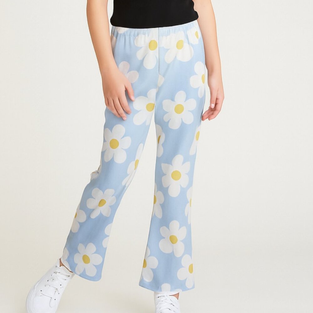 Art Class Girls Pajama Bottoms Daisy Floral Flare Leg Blue White Size 6/7 Small
